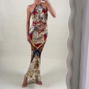 Salvatore Ferragamo Vintage Scarf Print Halter Silk Dress